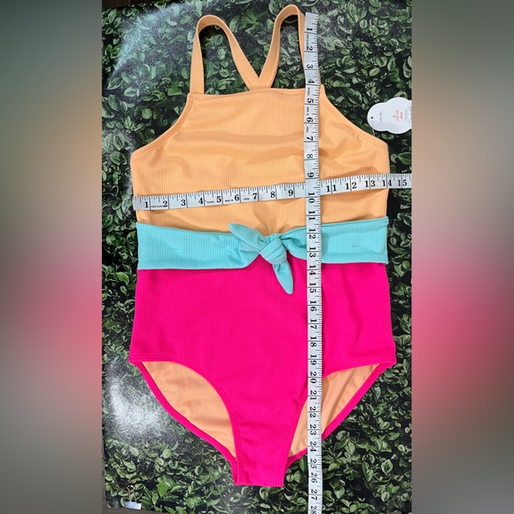 Wonder Nation ColorBlock Tie Waist One Piece Swimsuit 10/12 Plus Pink Orange - Picture 6 of 11